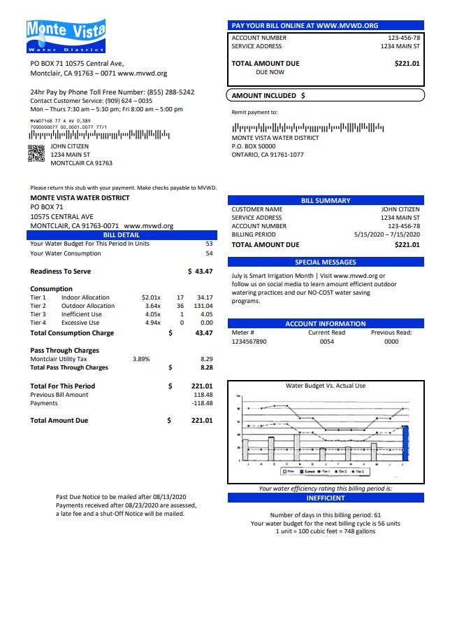 USA California Monte Vista Water District utility bill template in Word and PDF format